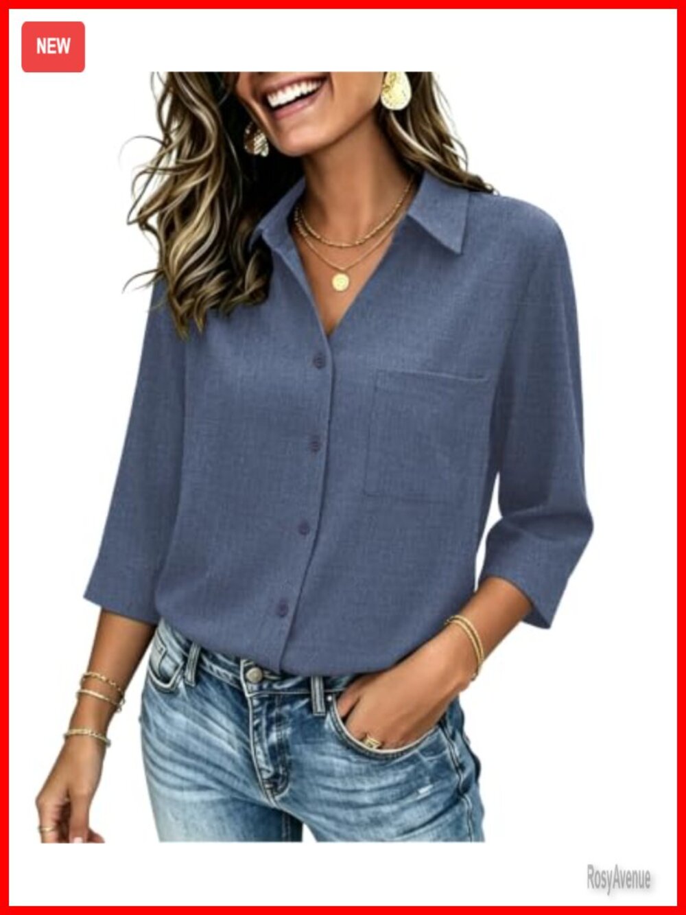 Zeagoo Women's 3/4 Sleeve Button Down Blouse V-Neck Casual Top
